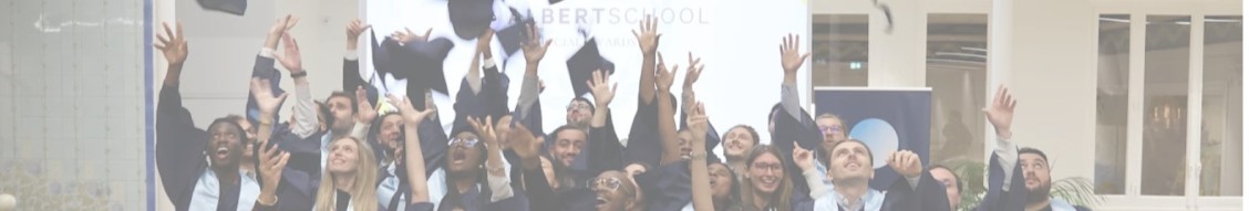 Albert School alumni celebrating with arms raised at the network's launch.