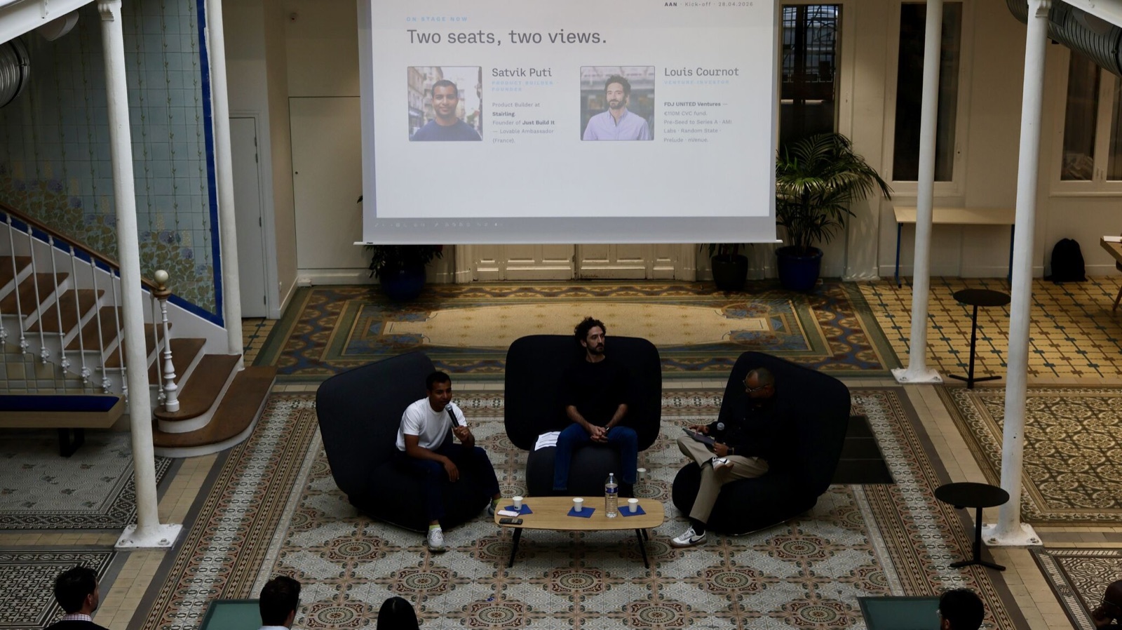 A panel discussion in the Albert School Paris atrium during the kick-off.